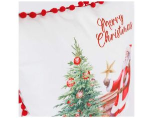 Coussin de Noël blanc avec un Père Noël qui décor un sapin, pompons rouges sur les bords. Taille 40x40 cm