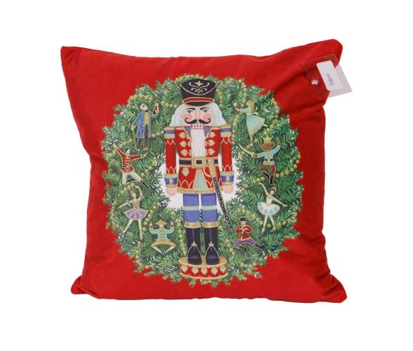 Coussin de Noël velours rouge illustration casse-noisette soldat couronne sapin verte ballerines personnages féeriques 40x40cm