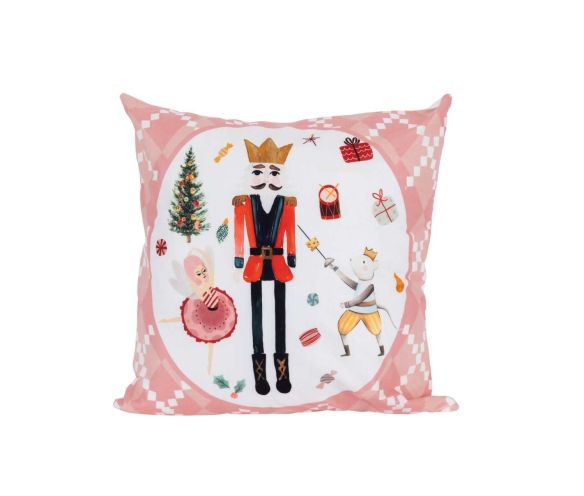 Coussin de Noël fond tartan rose illustration ronde casse-noisette ballerine roi des souris sapin cadeaux 45x45cm - Lilosquare