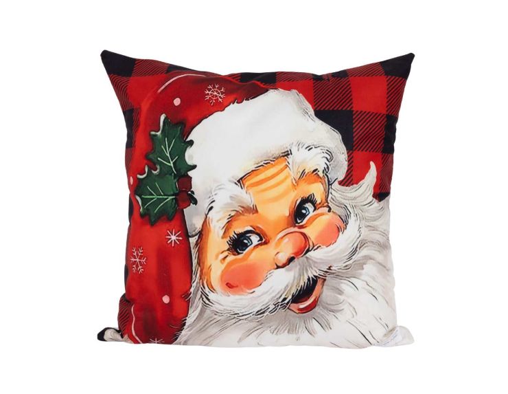 Coussin de Noël rouge et noir avec visage vintage du Père Noël. Idéal pour une déco chaleureuse et pleine de caractère.