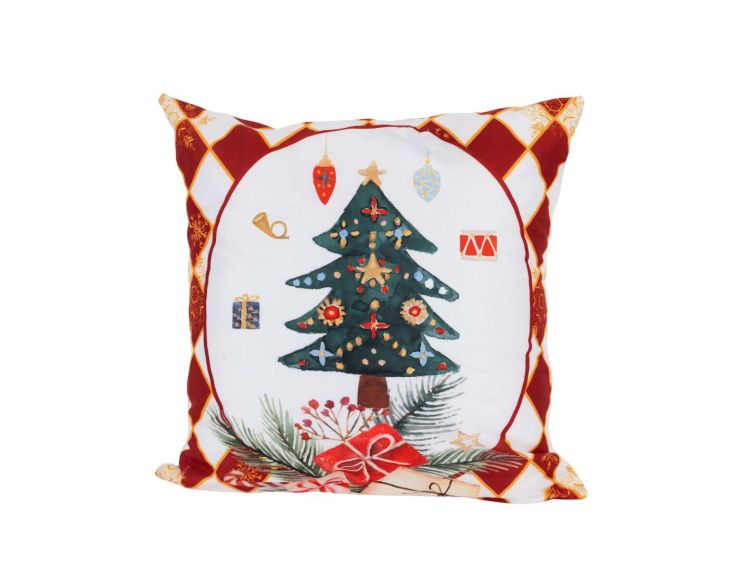 Coussin de Noël blanc et rouge à carreaux avec un décor sapin de Noël.