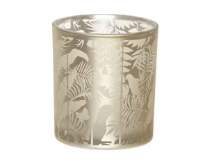 Bougeoir photophore en verre sérigraphié motif tropical jungle feuilles dorées H9cm D8cm - Lilosquare