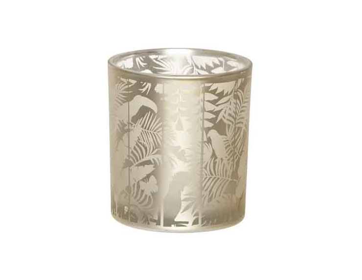 Bougeoir photophore en verre sérigraphié motif tropical jungle feuilles dorées H9cm D8cm - Lilosquare