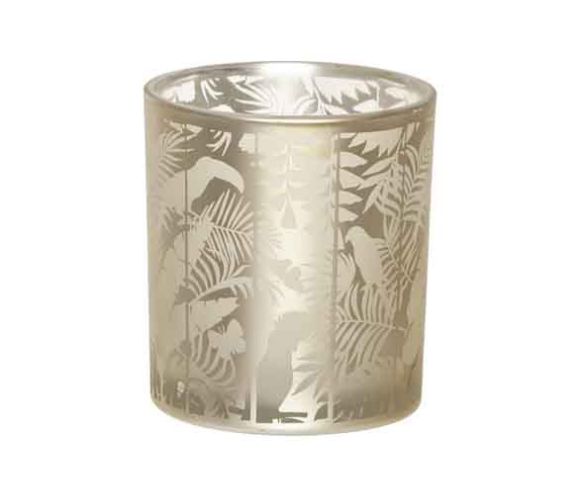 Bougeoir photophore en verre sérigraphié motif tropical jungle feuilles dorées H9cm D8cm - Lilosquare