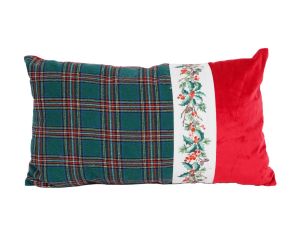 Coussin de Noël tartan vert et bande de houx. Une touche traditionnelle et naturelle pour une déco chaleureuse.