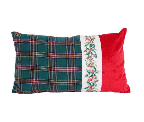 Coussin de Noël tartan vert et bande de houx. Une touche traditionnelle et naturelle pour une déco chaleureuse.