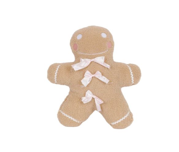 Coussin de Noël pain d’épice beige et noeuds rose.
