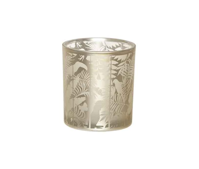 Bougeoir photophore en verre sérigraphié motif tropical jungle feuilles dorées H8cm D7cm - Lilosquare