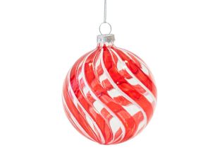 boule de Noël en verre transparent, décorées de spirales rouges et blanches. Diamètre 8 cm.