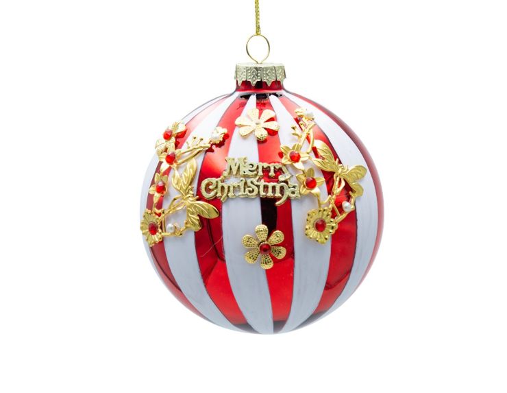 Boule de Noël en verre rayée rouge et blanche, décor 3D "Merry Christmas" et motifs floraux dorés. Diamètre 10 cm