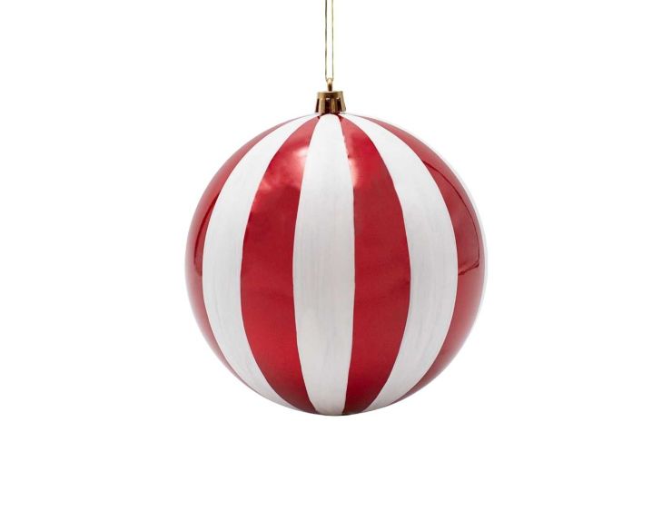 Set 2 boules rayures rouge blanc plastique 15 cm