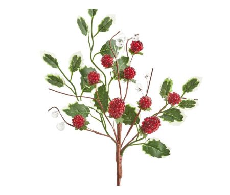 Branche décorative de 37 cm avec baies rouges et feuillage vert.