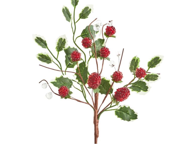 Branche décorative de 37 cm avec baies rouges et feuillage vert.
