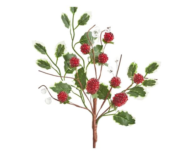 Branche décorative de 37 cm avec baies rouges et feuillage vert.