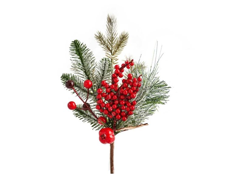 Branche décorative de 39 cm, ornée de feuillage enneigé et de baies rouges. Parfaite pour une ambiance hivernale festive.