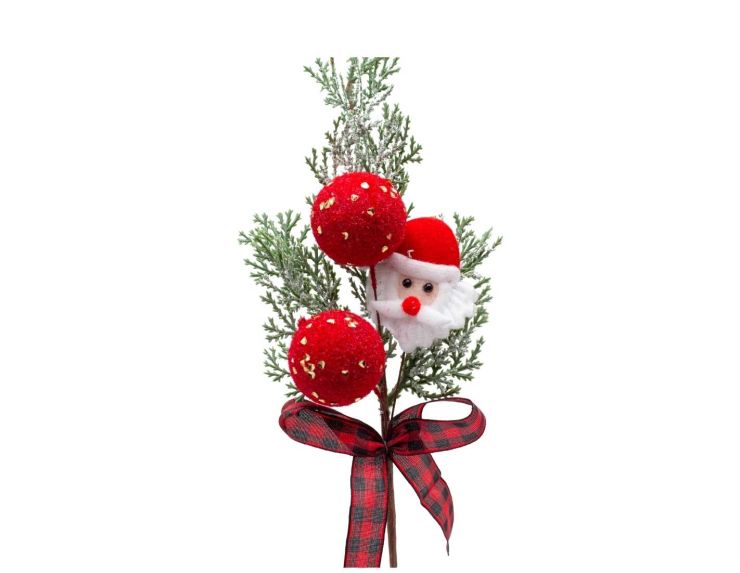 Pic décoratif de 34 cm orné d'une figurine Père Noël, de feuillages givrés, de boules rouges