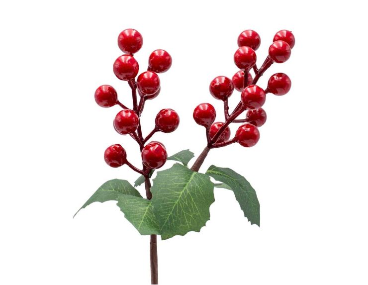 Pic décoratif de 30 cm orné de baies rouges brillantes et de feuilles vertes texturées.