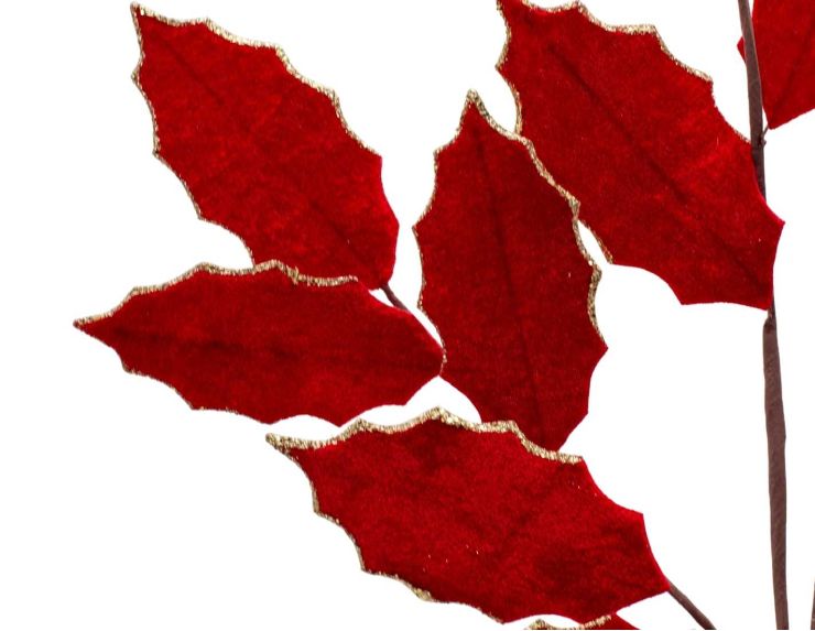 Branche feuilles de houx velours rouge 82 cm