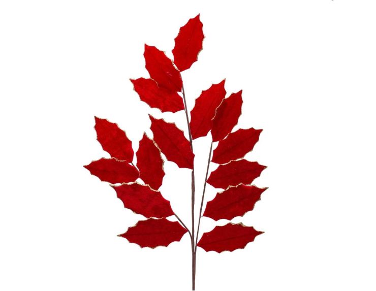Branche feuilles de houx velours rouge 82 cm