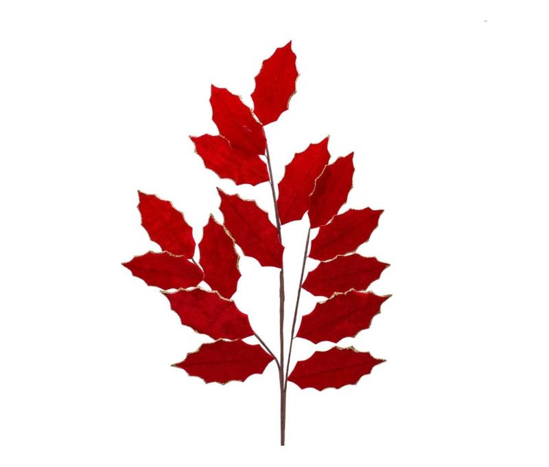 Branche feuilles de houx velours rouge 82 cm