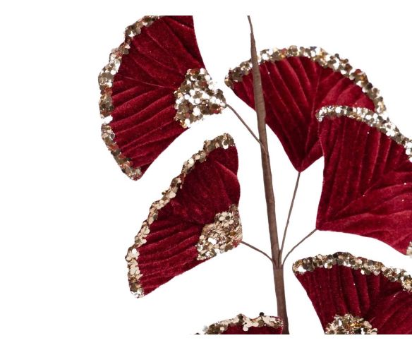 Branche décorative ginkgo feuilles velours bordeaux bords sequins champagne dorés tige marron H65cm