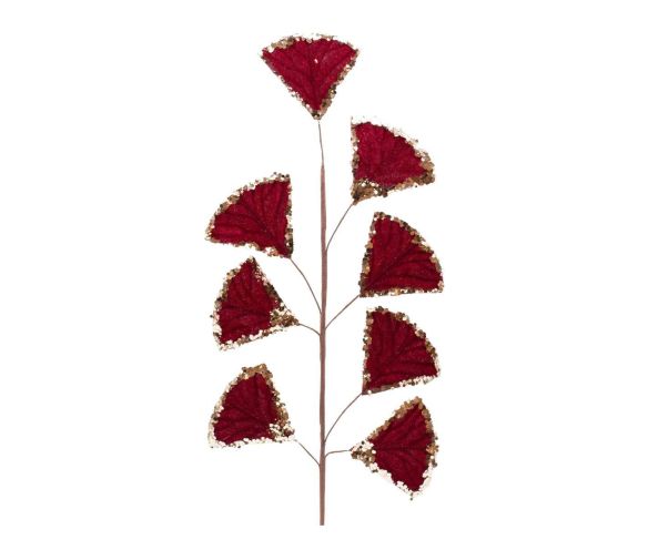 Branche décorative ginkgo feuilles velours bordeaux bords sequins champagne dorés tige marron H65cm