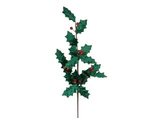 Branche de houx décorative de 80 cm aux feuilles vertes en velours et aux baies rouges scintillantes.