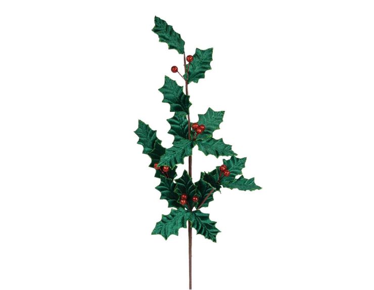 Branche de houx décorative de 80 cm aux feuilles vertes en velours et aux baies rouges scintillantes.