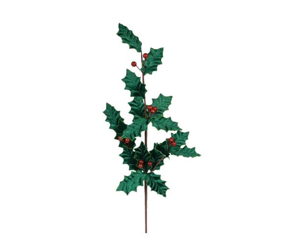 Branche de houx décorative de 80 cm aux feuilles vertes en velours et aux baies rouges scintillantes.