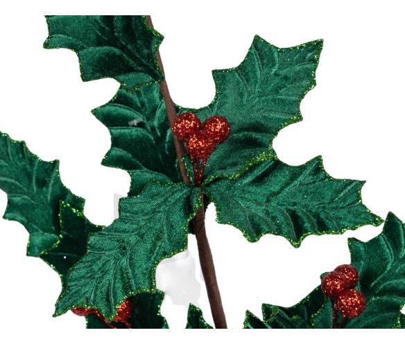 Branche de houx décorative de 80 cm aux feuilles vertes en velours et aux baies rouges scintillantes.
