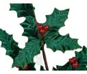 See slide Branche de houx décorative de 80 cm aux feuilles vertes en velours et aux baies rouges scintillantes.