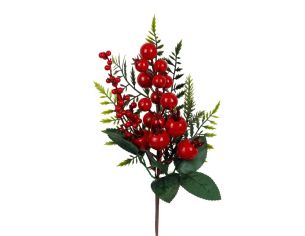 Tige décorative de 29 cm avec baies rouges brillantes, feuillage vert et branchages de sapin.