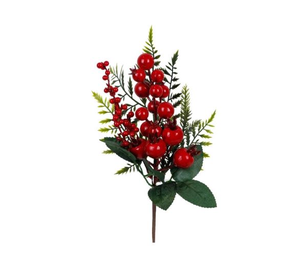 Tige décorative de 29 cm avec baies rouges brillantes, feuillage vert et branchages de sapin.