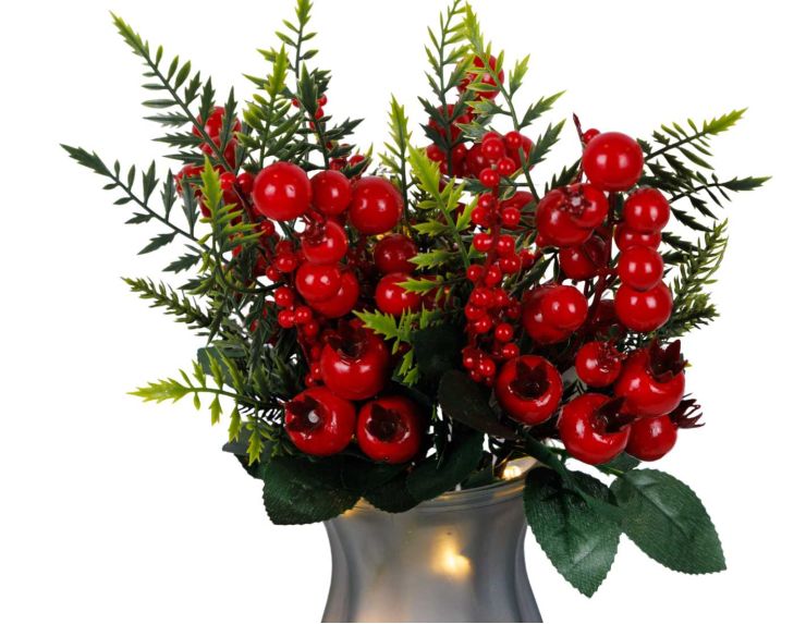 Tige décorative de 29 cm avec baies rouges brillantes, feuillage vert et branchages de sapin.