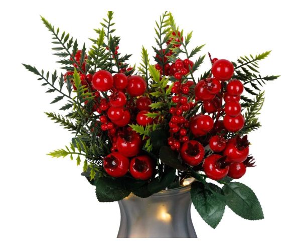 Tige décorative de 29 cm avec baies rouges brillantes, feuillage vert et branchages de sapin.