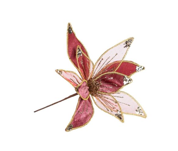 Fleur décorative Noël poinsettia velours bordeaux pétales organza rose transparent bords sequins dorés fils dorés D40cm