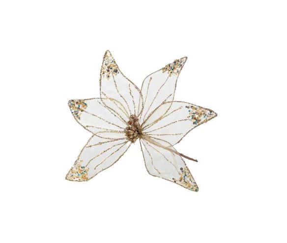 Fleur poinsettia artificielle organza blanc transparent bords fils dorés sequins multicolores pistils dorés D30cm