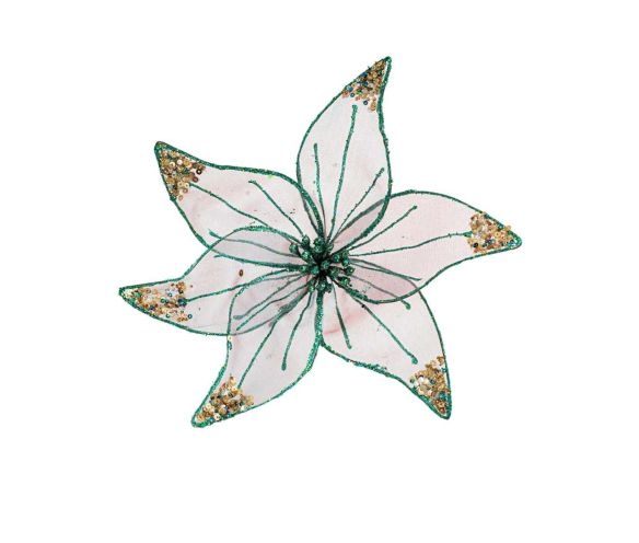 Fleur poinsettia artificielle organza blanc transparent bords fils verts sequins multicolores pistils verts D30cm