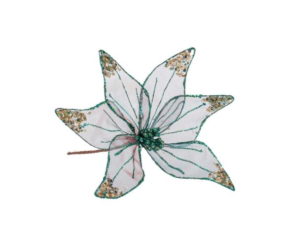 Fleur poinsettia artificielle organza blanc transparent bords fils verts sequins multicolores pistils verts D30cm