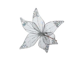 Tige Poinsettia gris argenté organza 30 cm