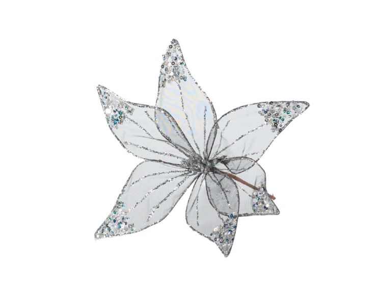 Tige Poinsettia gris argenté organza 30 cm