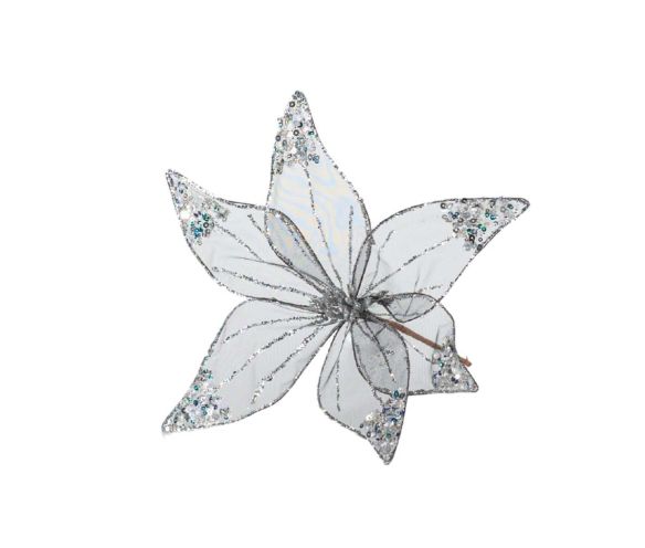 Fleur poinsettia artificielle organza gris transparent bords fils argentés sequins multicolores irisés pistils argentés D30cm