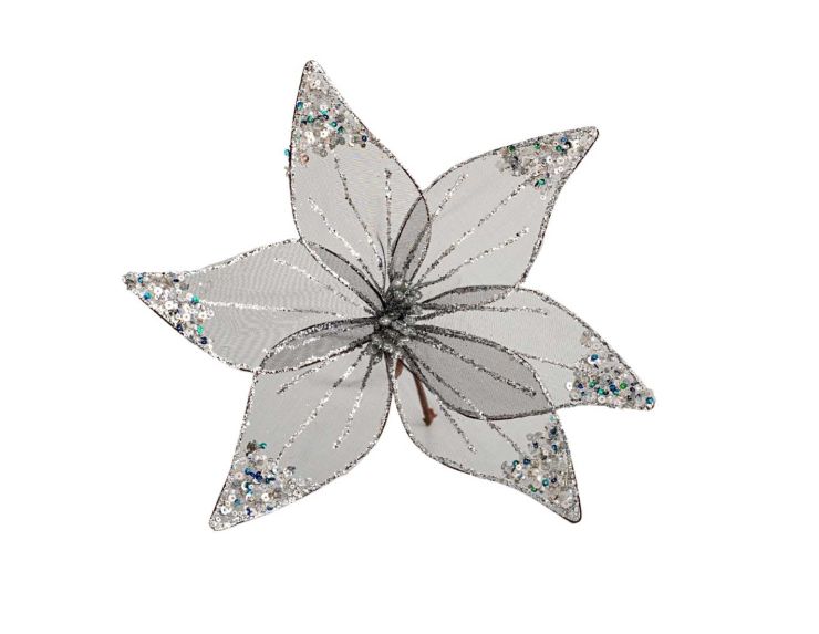 Tige Poinsettia gris argenté organza 30 cm