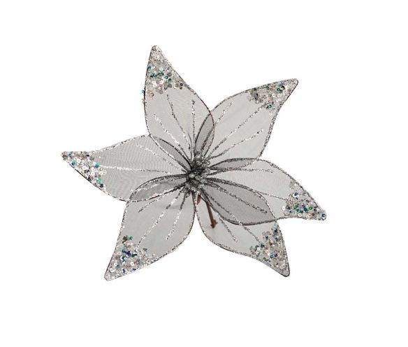 Fleur poinsettia artificielle organza gris transparent bords fils argentés sequins multicolores irisés pistils argentés D30cm