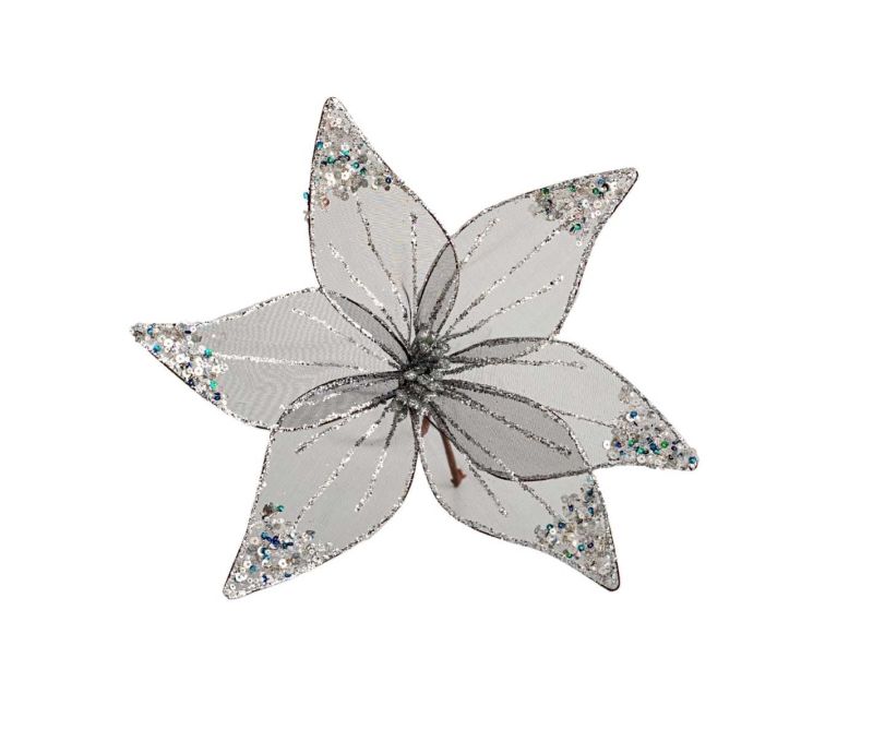 Tige Poinsettia gris argenté organza 30 cm