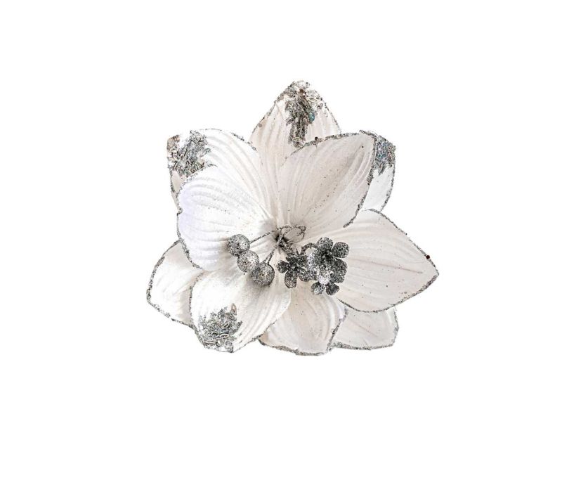 Fleur magnolia artificielle tissu blanc nervures bords paillettes argentées pistils boules argentées D24cm