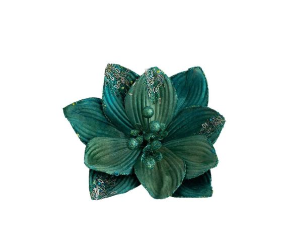 Fleur magnolia artificielle tissu bleu pétrole nervures bords paillettes irisées pistils boules bleu pétrole D24cm