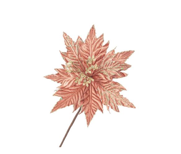 Fleur poinsettia artificielle velours rose poudré pétales dentelés nervures dorées bords pailletés floraux dorés H60cm