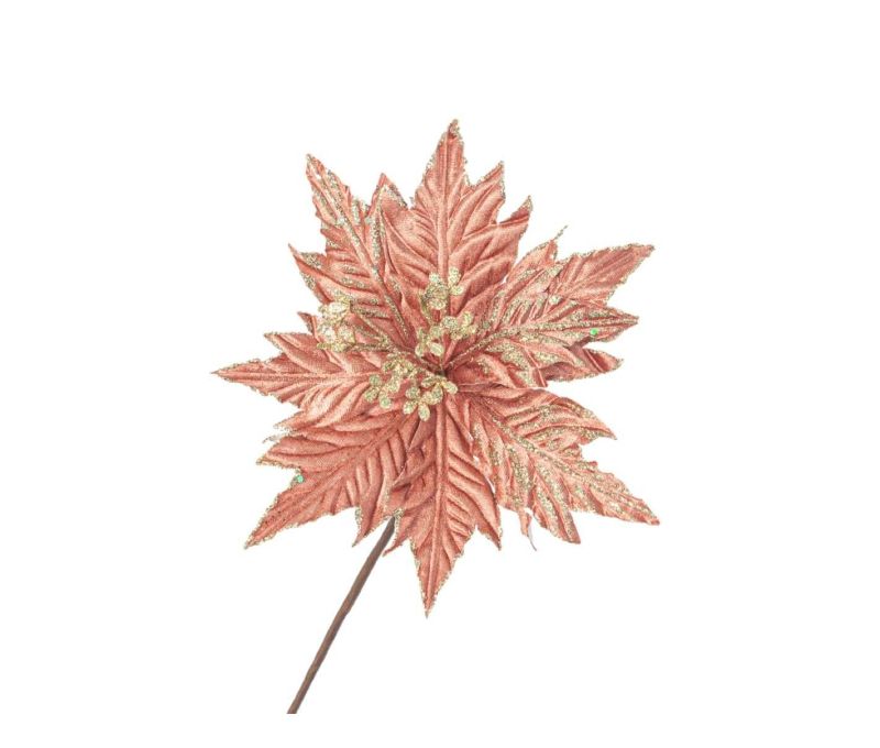 Fleur poinsettia artificielle velours rose poudré pétales dentelés nervures dorées bords pailletés floraux dorés H60cm