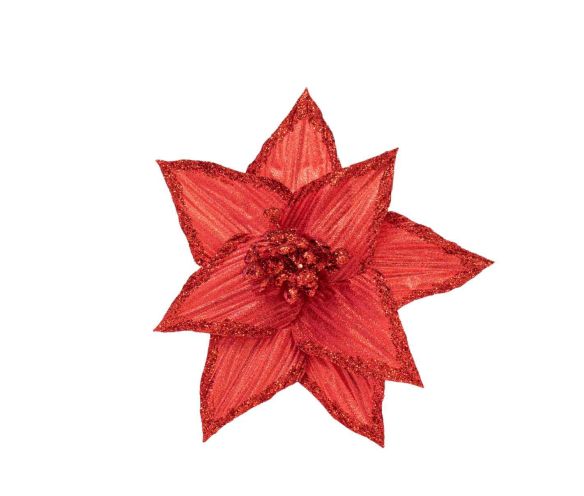 Fleur décorative Noël poinsettia tissu rouge nervures bords paillettes rouges pistils rouge scintillant D26cm